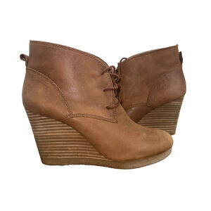 Lucky Brand Womens Sz 8 Tan Leather Wedge Booties Heels Lace Up Taheeti